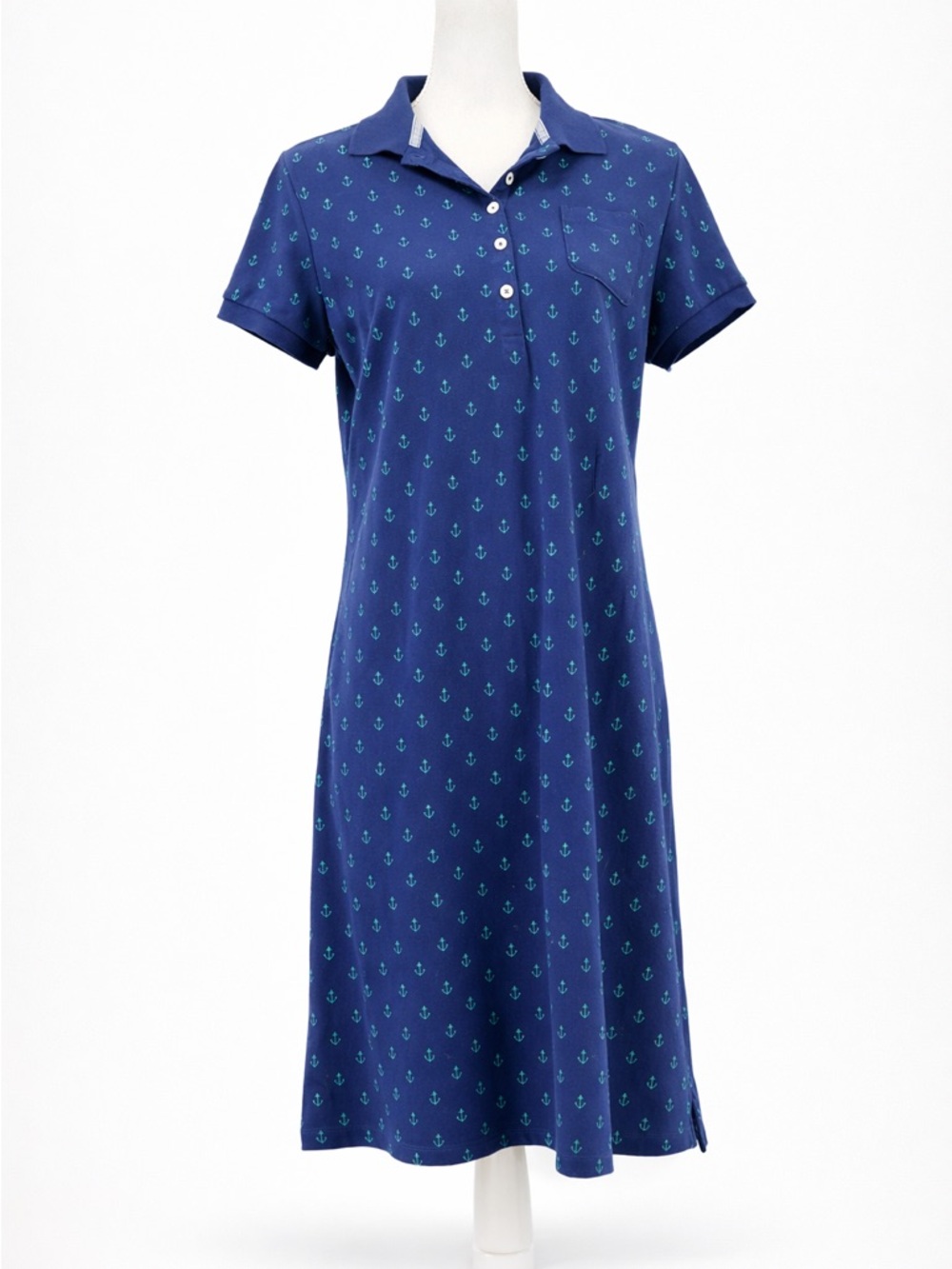 Lands End Anchor Print Polo Shift Navy Dress Coastal Preppy Nautical Casual M